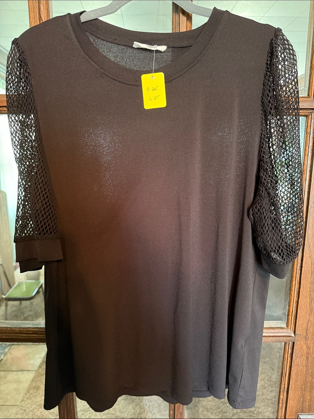 Women's Black Short-Sleeve Tee with Mesh Sleeves